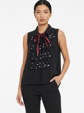DICE | Pearl Embellished Black Sleeveless Button Down Shirt Ruffles Tie Neck L